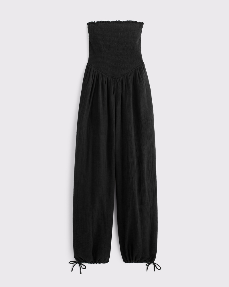 Abercrombie strapless smocked black balloon-leg wedding guest jumpsuit