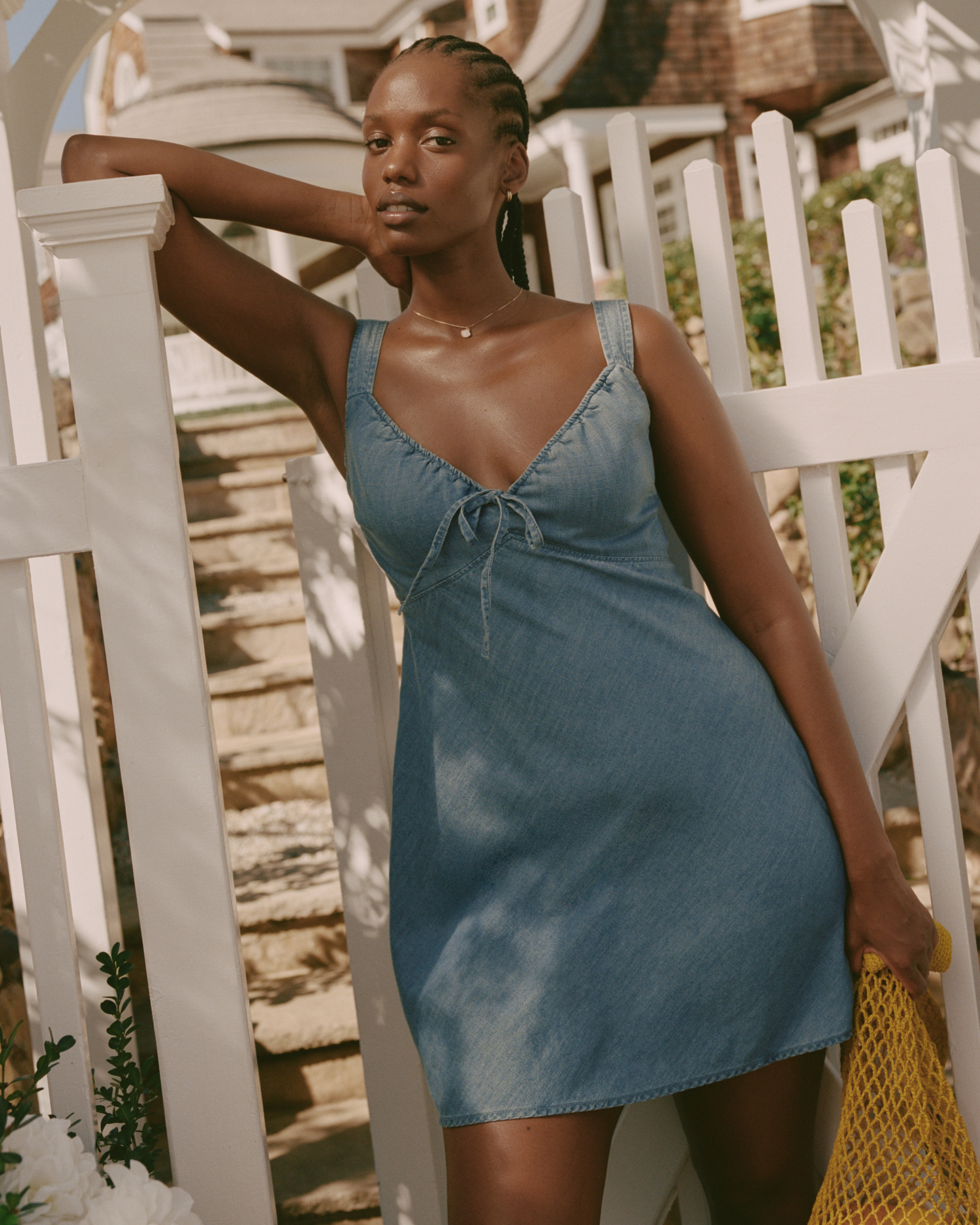 Bra-Free Tie-Front Chambray Mini Dress - Medium Wash