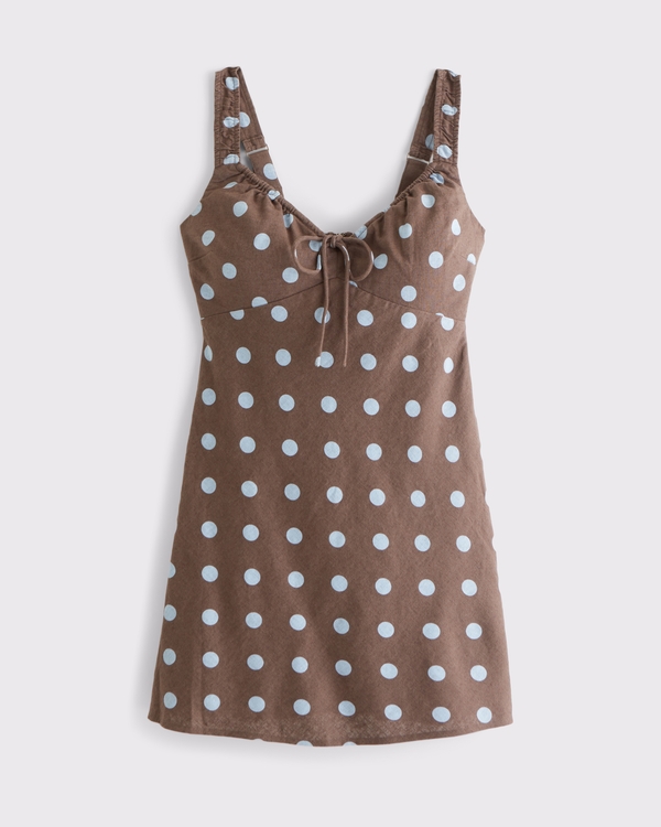 Women's Bra-Free Tie-Front Linen-Blend Mini Dress in Dark Brown Dot | Size XXS TALL | Abercrombie & Fitch