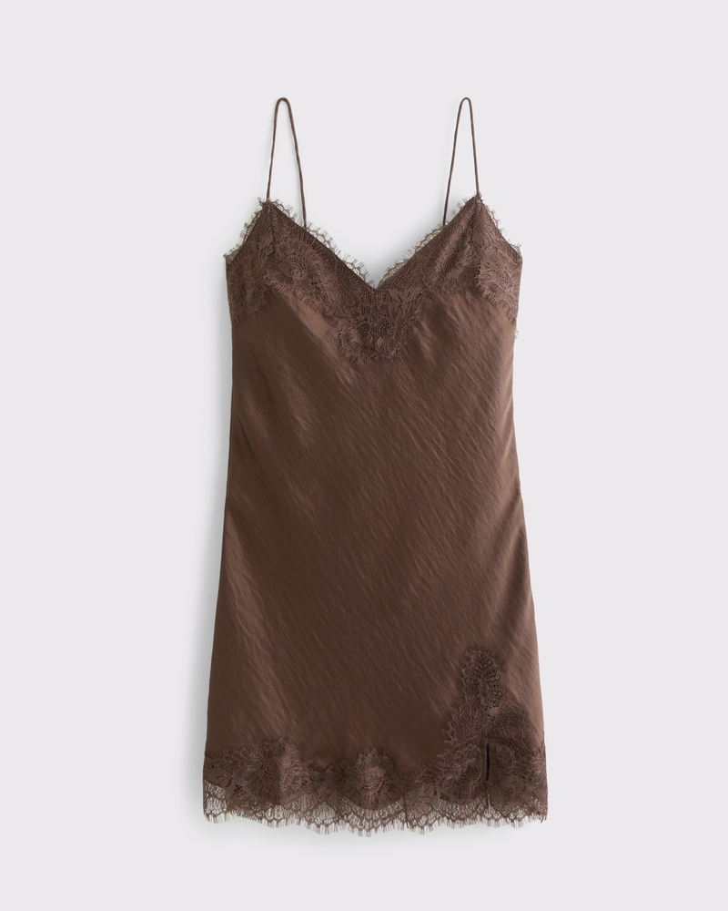 Women's Lace-Trim Slip Mini Dress in Brown | Size XL TALL | Abercrombie & Fitch
