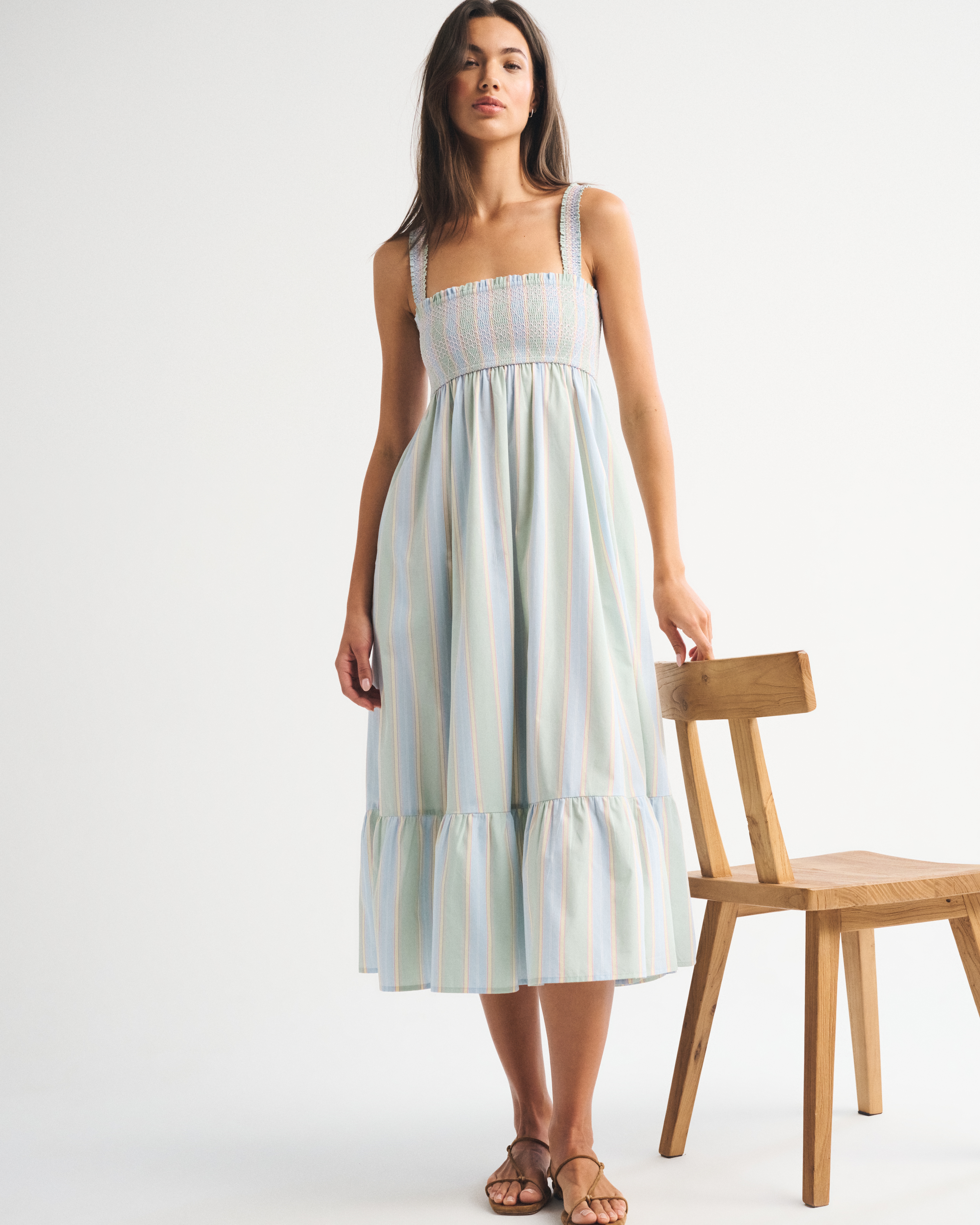 A&F Sydney Smocked Convertible Midi Dress - Light Sage Stripe
