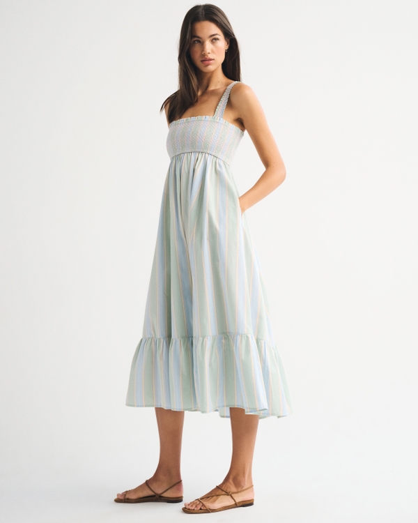 Women's A&F Sydney Smocked Convertible Midi Dress in Light Sage Stripe | Size M PETITE | Abercrombie & Fitch