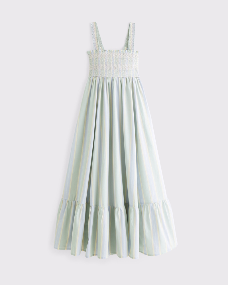 Women's A&F Sydney Smocked Convertible Midi Dress in Light Sage Stripe | Size M PETITE | Abercrombie & Fitch