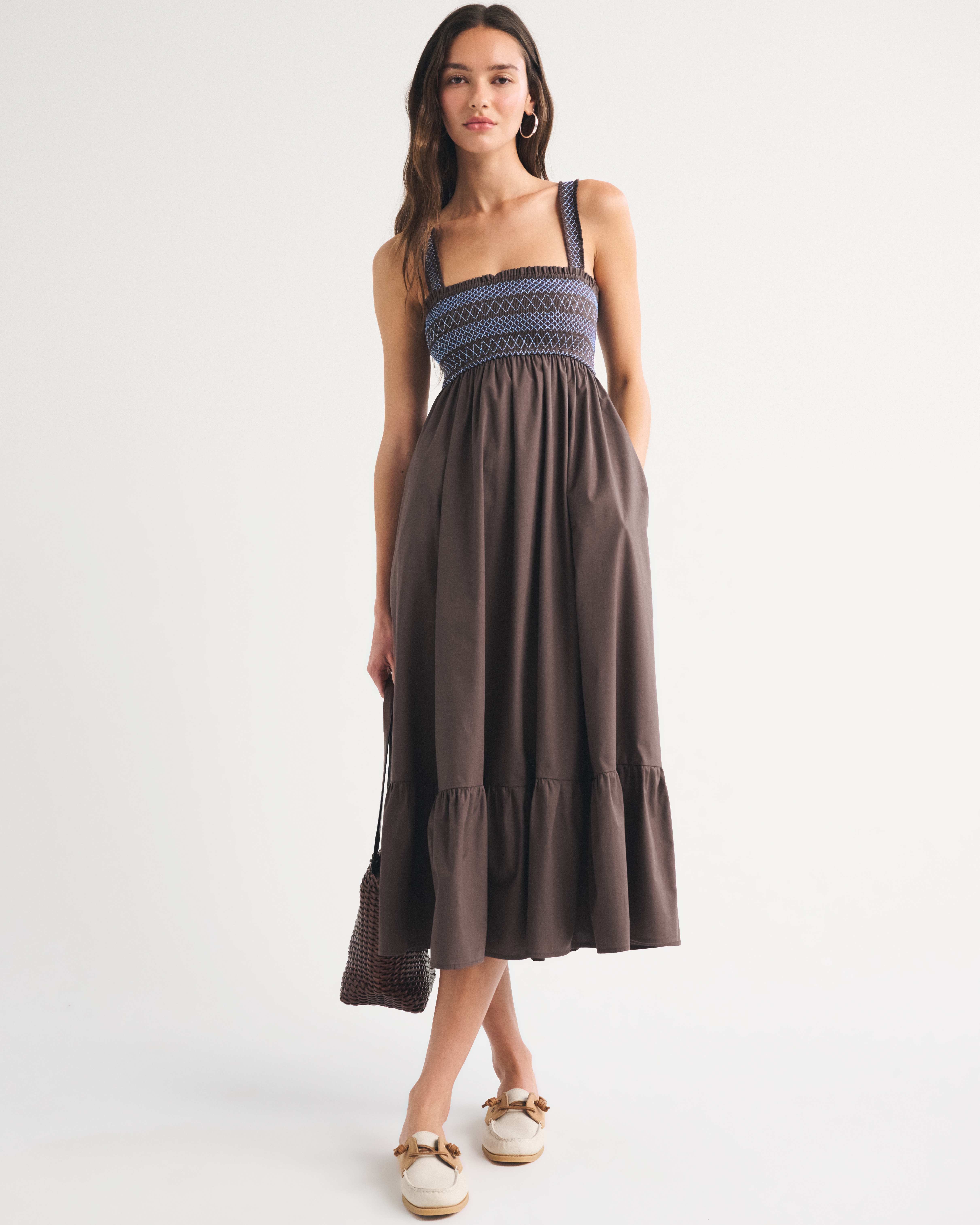 A&F Sydney Smocked Convertible Midi Dress - Light Sage Stripe