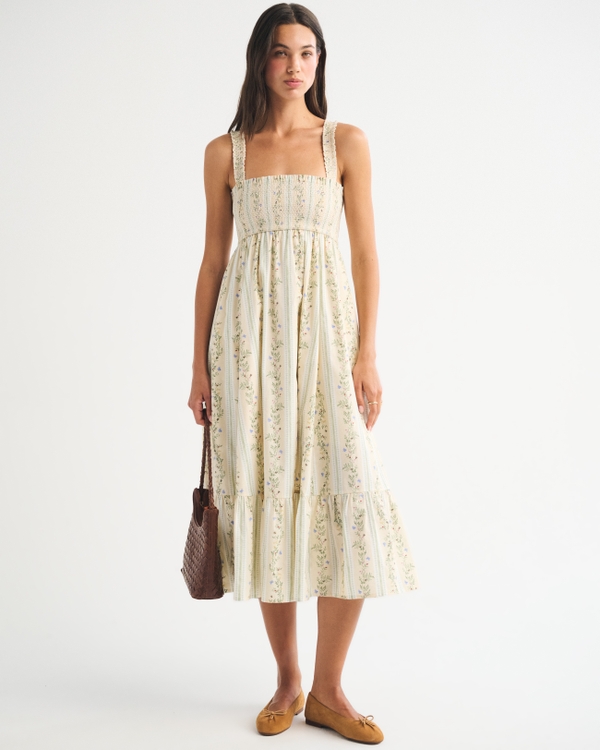 A&F Sydney Smocked Convertible Midi Dress, Yellow Floral Stripe view 1
