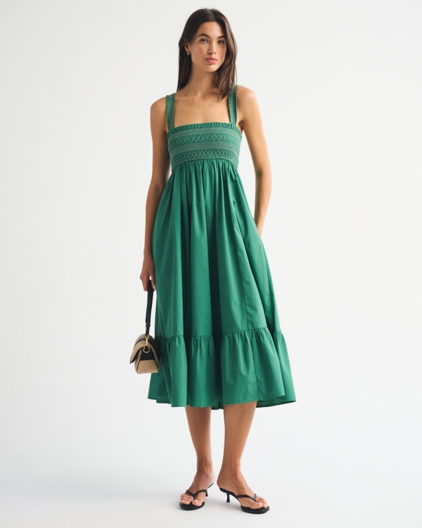A&F Sydney Smocked Convertible Midi Dress, Pine Green view 1