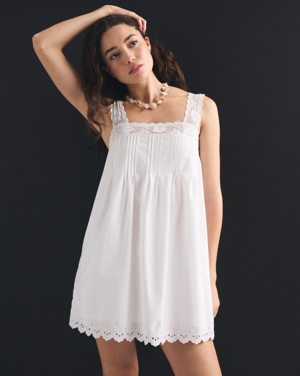 Lace-Trim Easy Mini Dress, White view 1