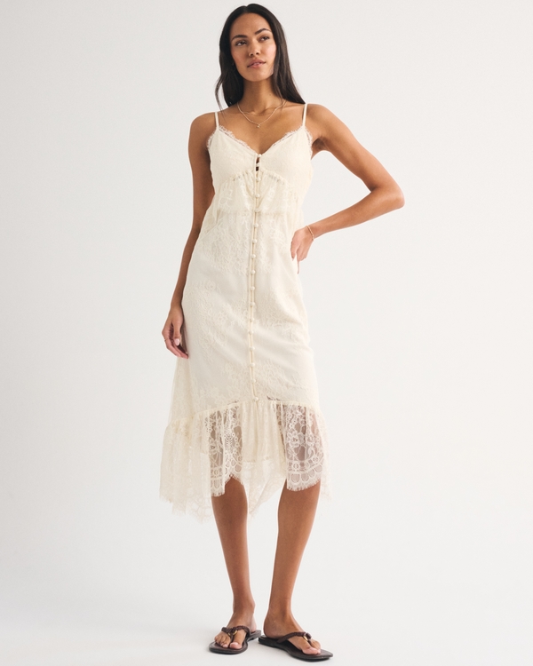 Bra-Free Button-Through Lace Duster Midi Dress, Cream view 1
