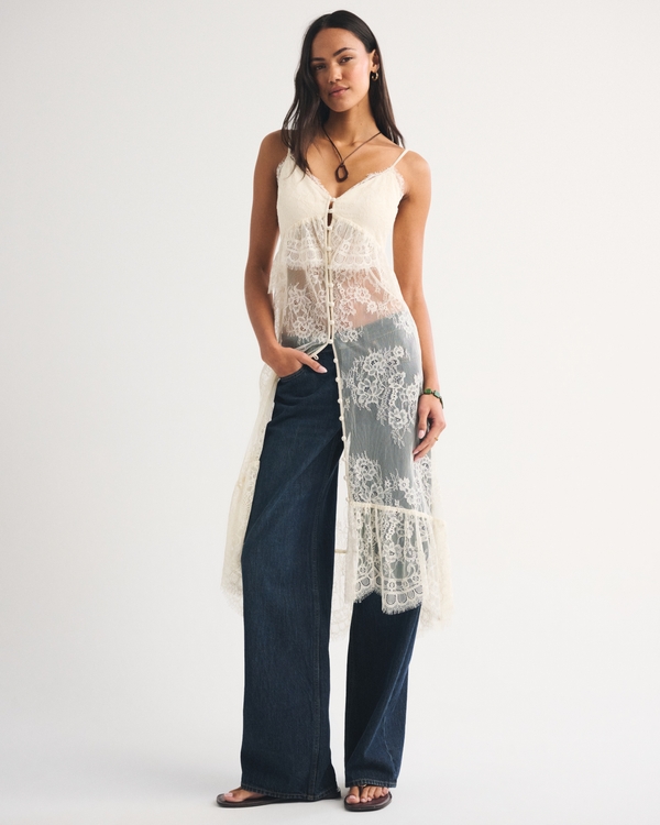 Bra-Free Button-Through Lace Duster Midi Dress, Cream view 2
