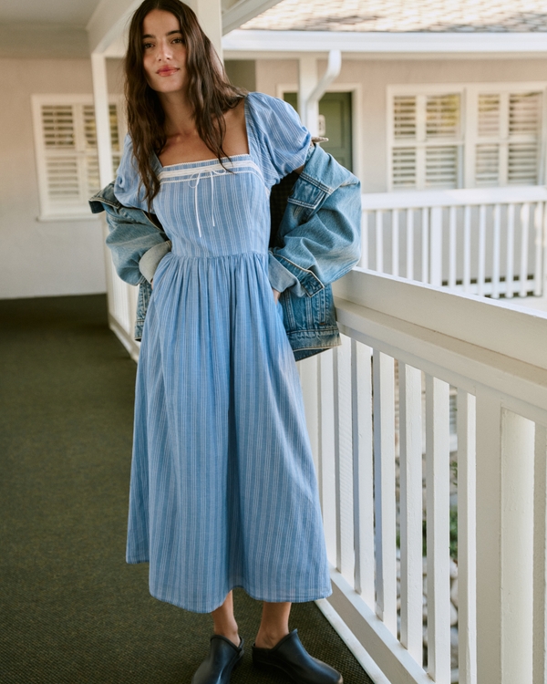 A&F Emerson Puff Sleeve Midi Dress, Blue Stripe view 1