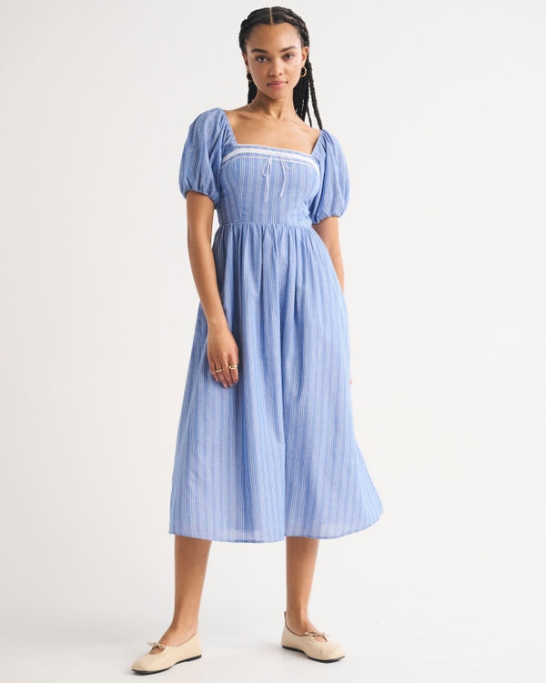 A&F Emerson Puff Sleeve Midi Dress, Blue Stripe view 2