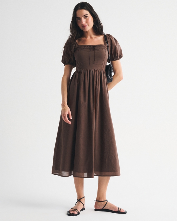 A&F Emerson Puff Sleeve Midi Dress, Brown view 1