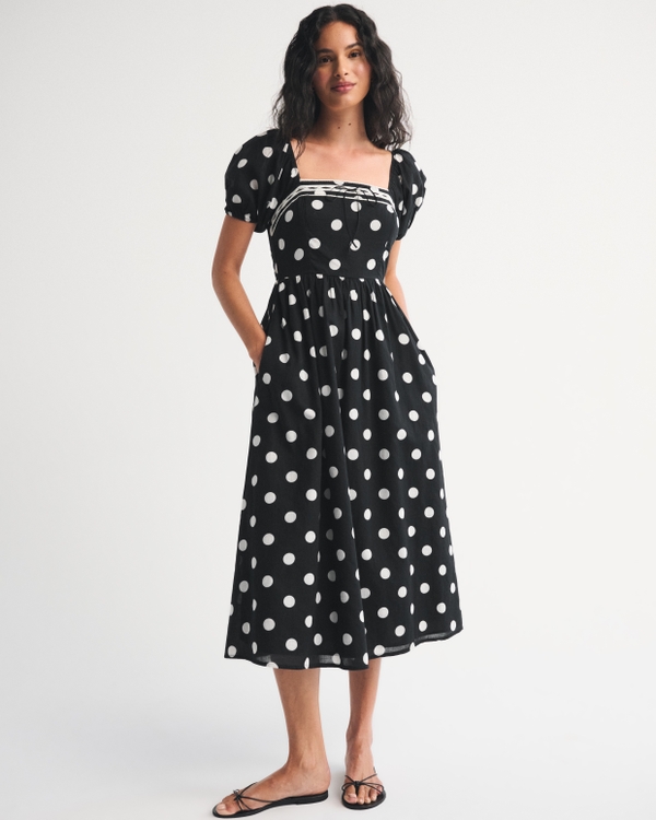 A&F Emerson Puff Sleeve Midi Dress, Black Polka Dot view 1