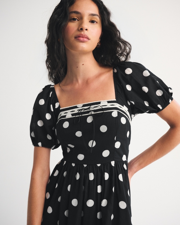 A&F Emerson Puff Sleeve Midi Dress, Black Polka Dot view 2