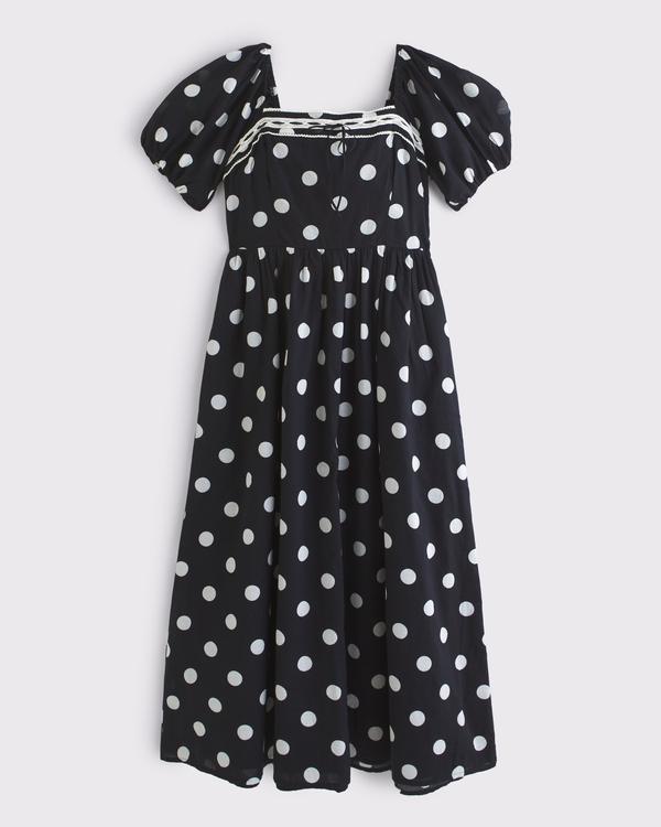 Women's A&F Emerson Puff Sleeve Midi Dress in Black Polka Dot | Size S TALL