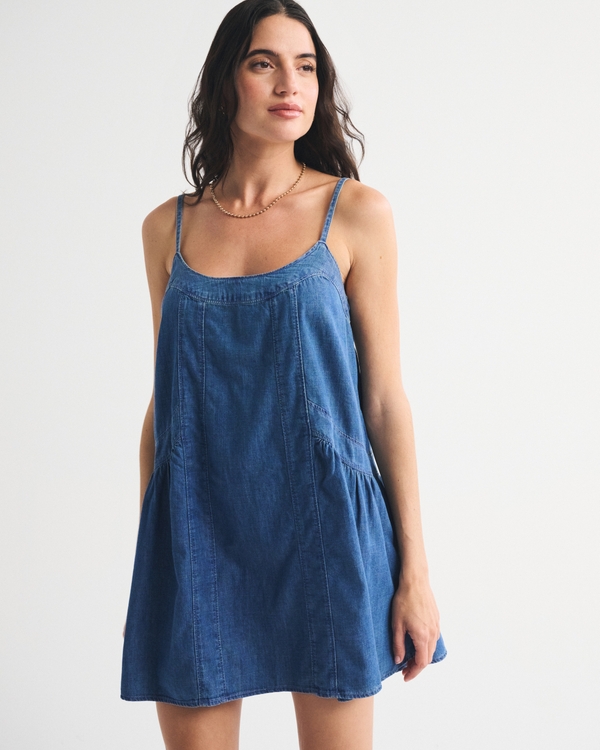 Denim Scoopneck Flowy Mini Dress, Denim view 1