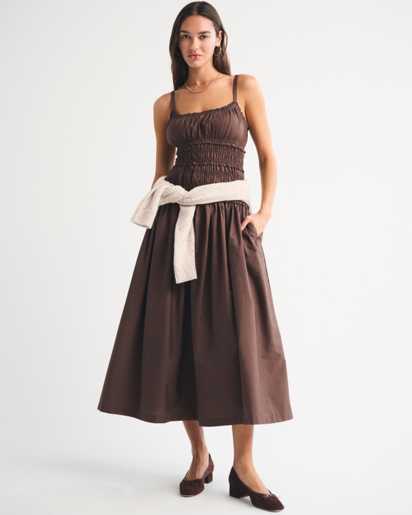 Bra-Free Smocked Drop-Waist Maxi Dress, Chestnut view 1