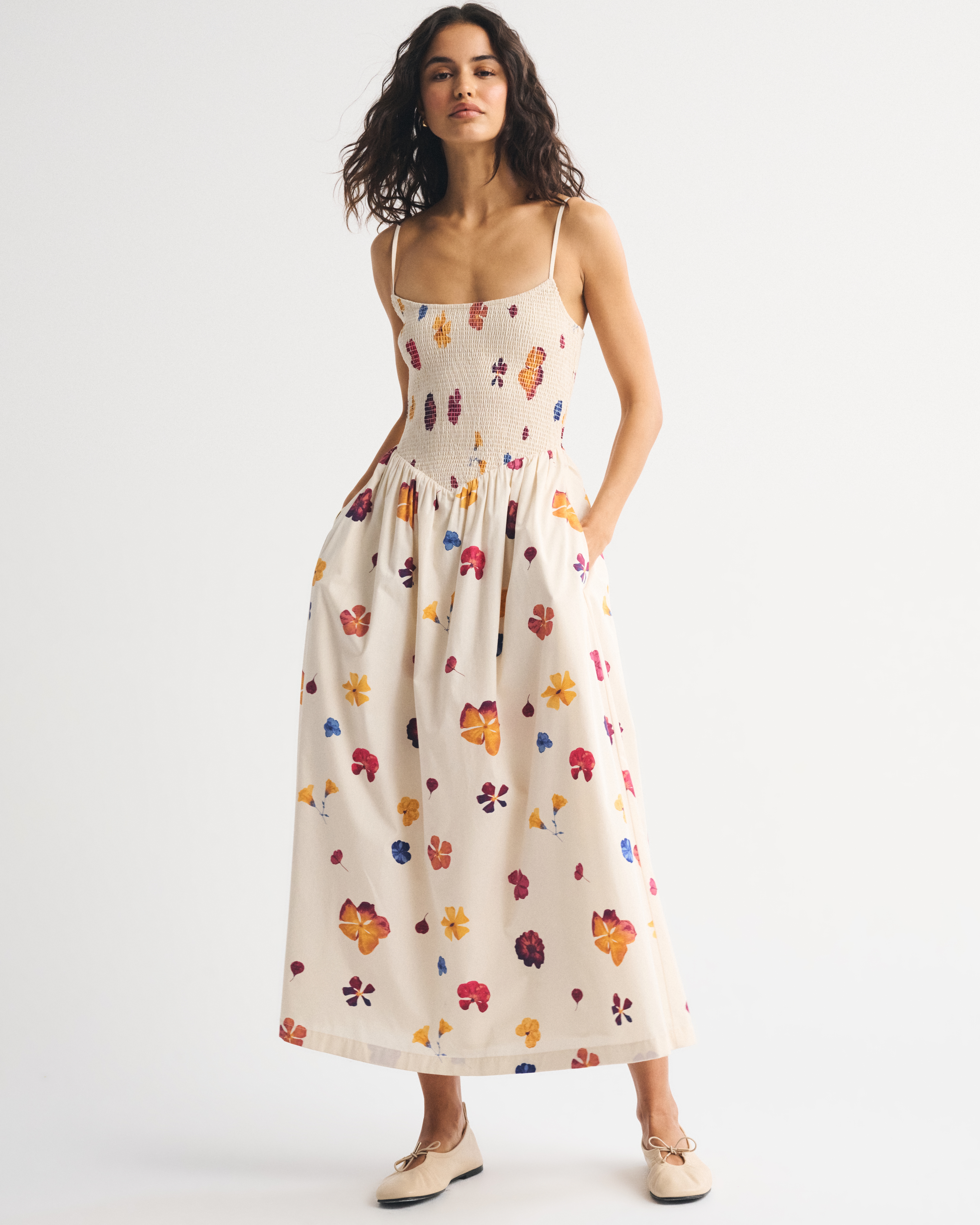 A&F Sydney Smocked Dipped-Waist Midi Dress - Sunny Yellow