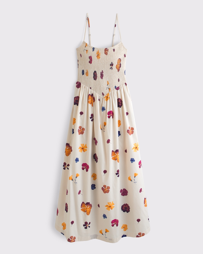 abercrombie tiered smocked midi dress Abercrombie & Fitch smocked midi dress with dipped waist in green ditsy  print
