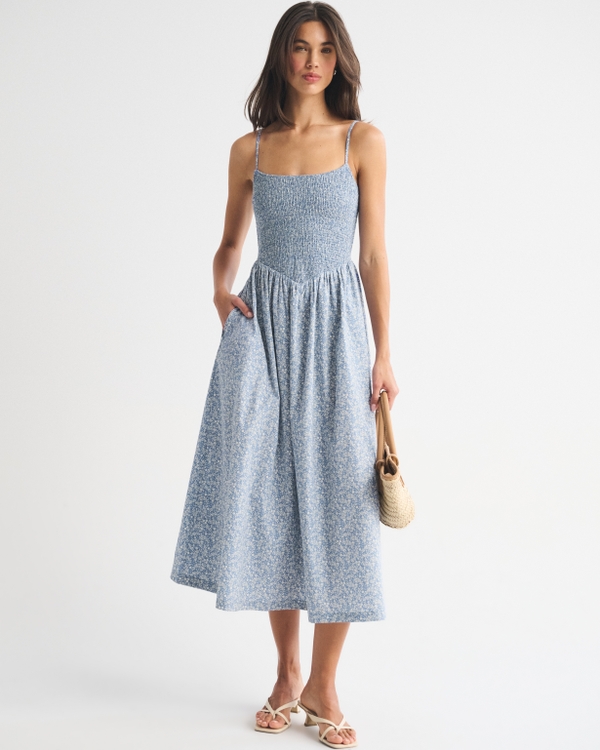 A&F Sydney Smocked Dipped-Waist Midi Dress, Blue Floral view 1