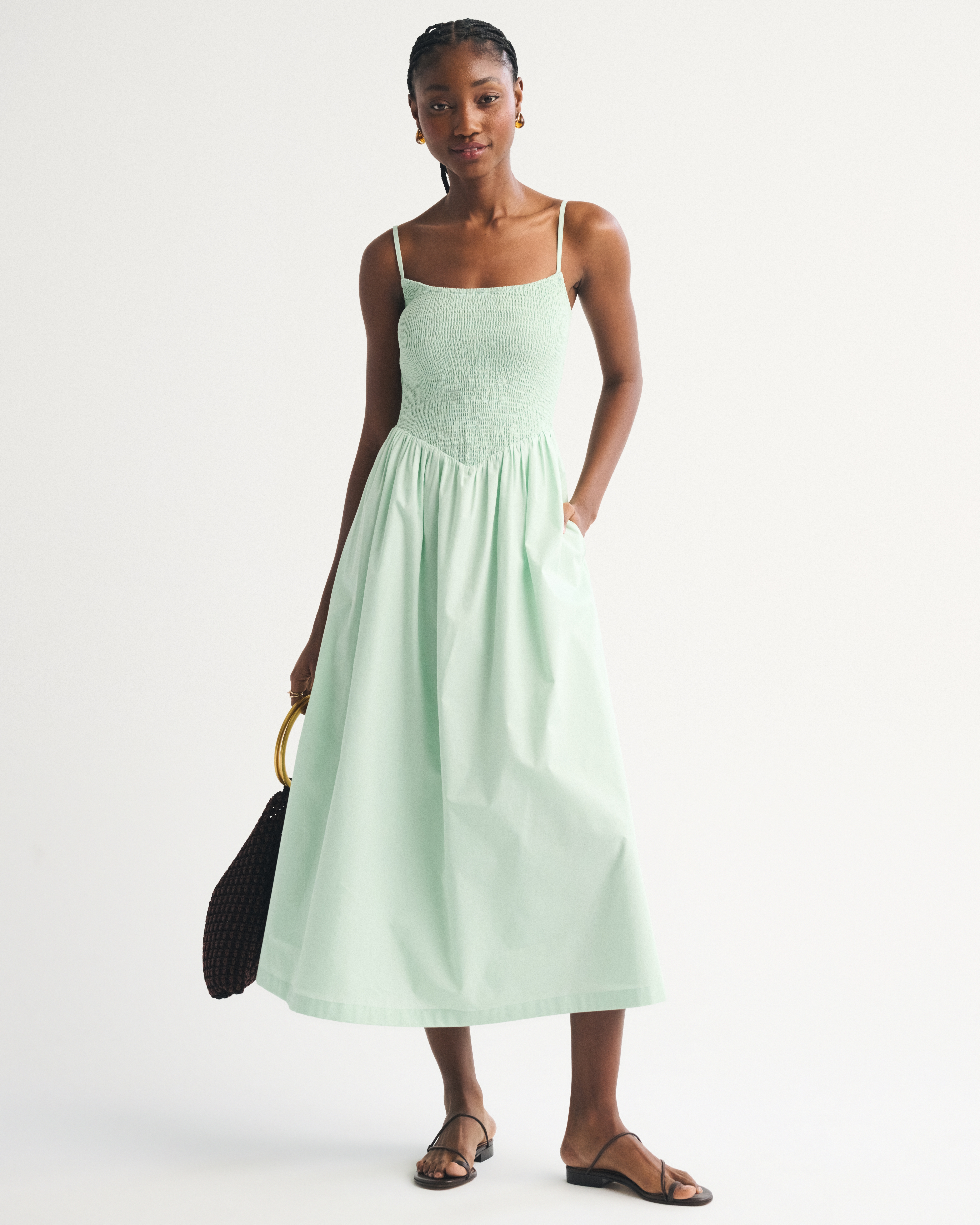 A&F Sydney Smocked Dipped-Waist Midi Dress