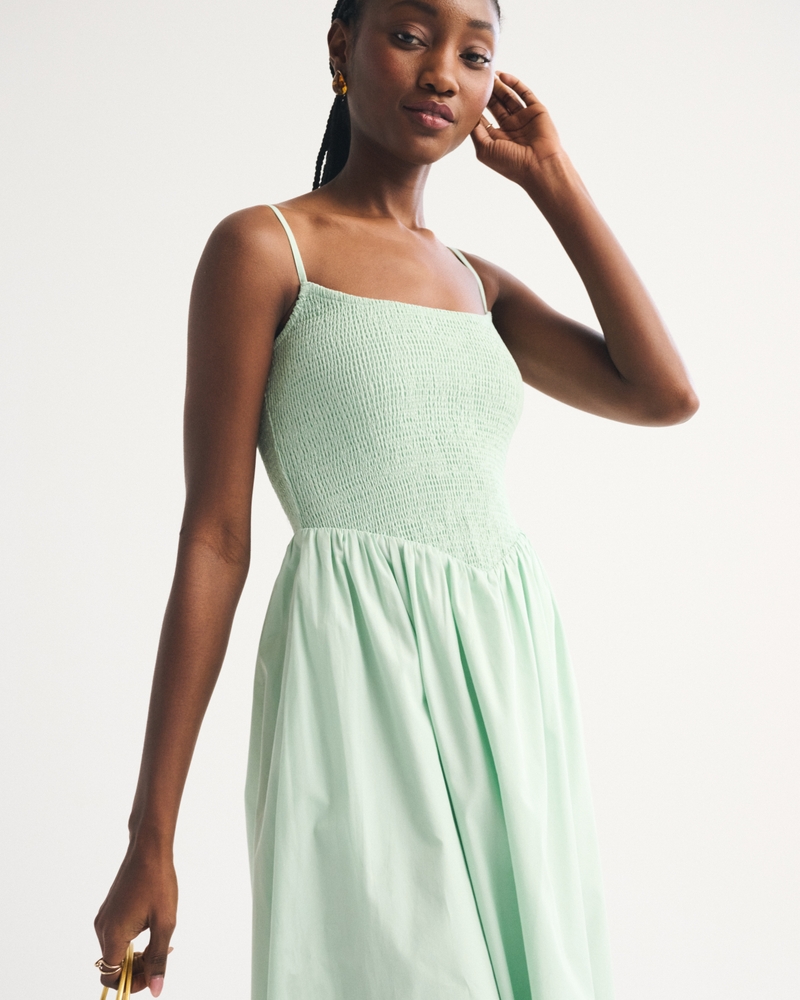 Women's A&F Sydney Smocked Dipped-Waist Midi Dress in Sea Green | Size M TALL | Abercrombie & Fitch