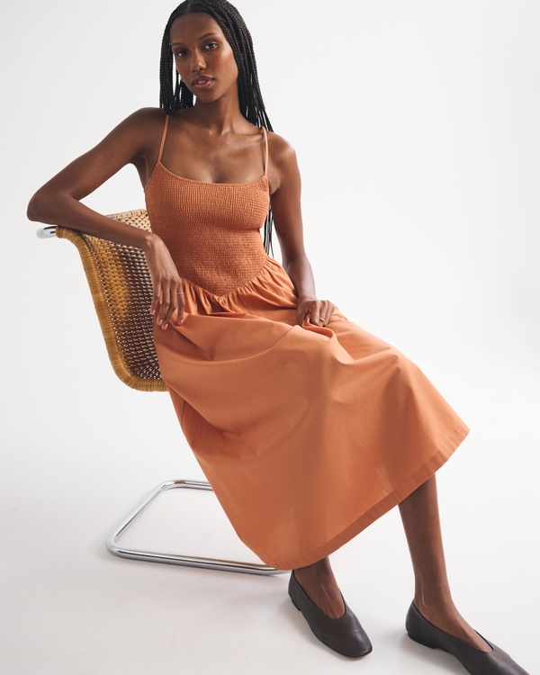 Women's A&F Sydney Smocked Dipped-Waist Midi Dress in Burnt Orange | Size L | Abercrombie & Fitch