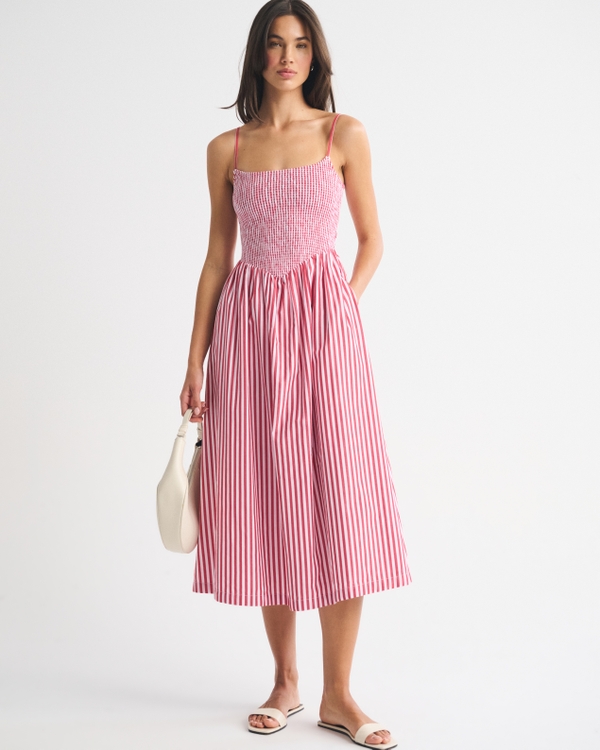 A&F Sydney Smocked Dipped-Waist Midi Dress, Red Stripe view 1
