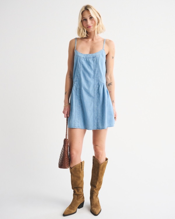 Denim Scoopneck Flowy Mini Dress, Light Denim view 1