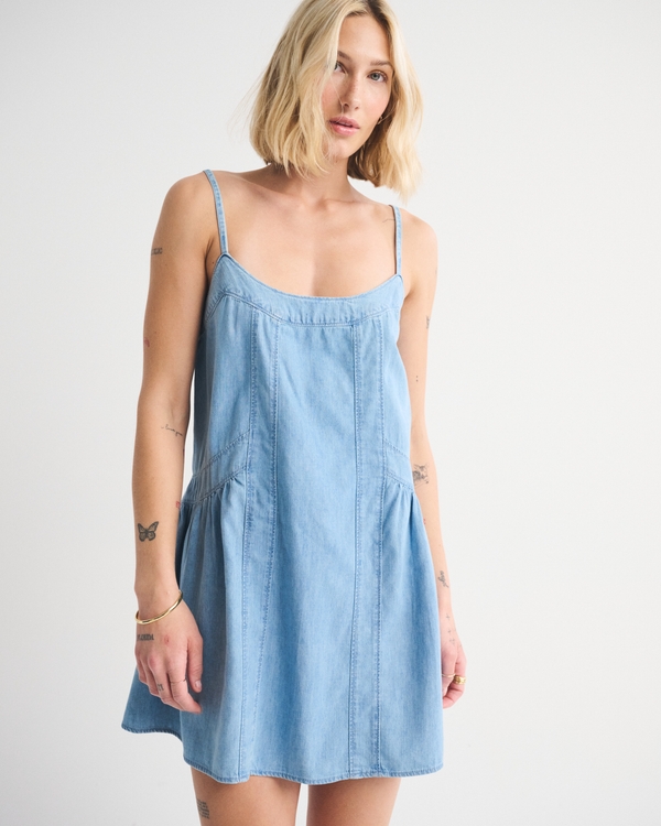Denim Scoopneck Flowy Mini Dress, Light Denim view 2