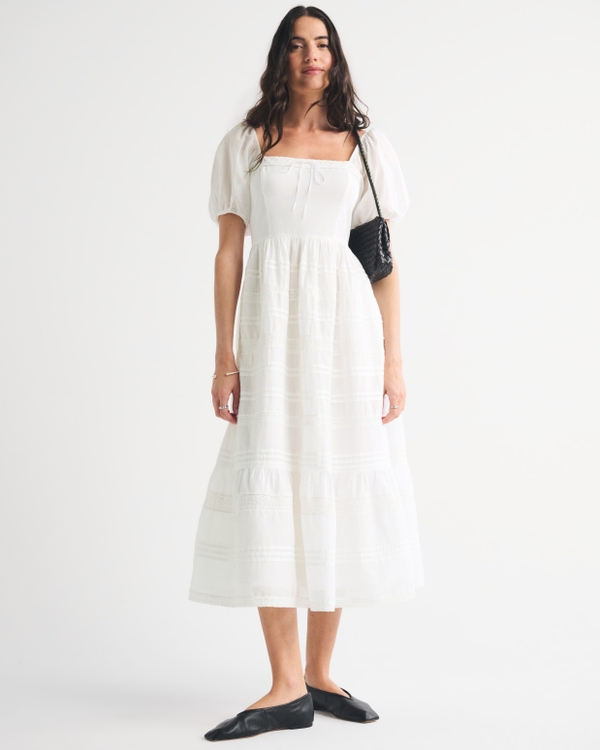 A&F Emerson Puff Sleeve Lace-Trim Midi Dress, White view 1