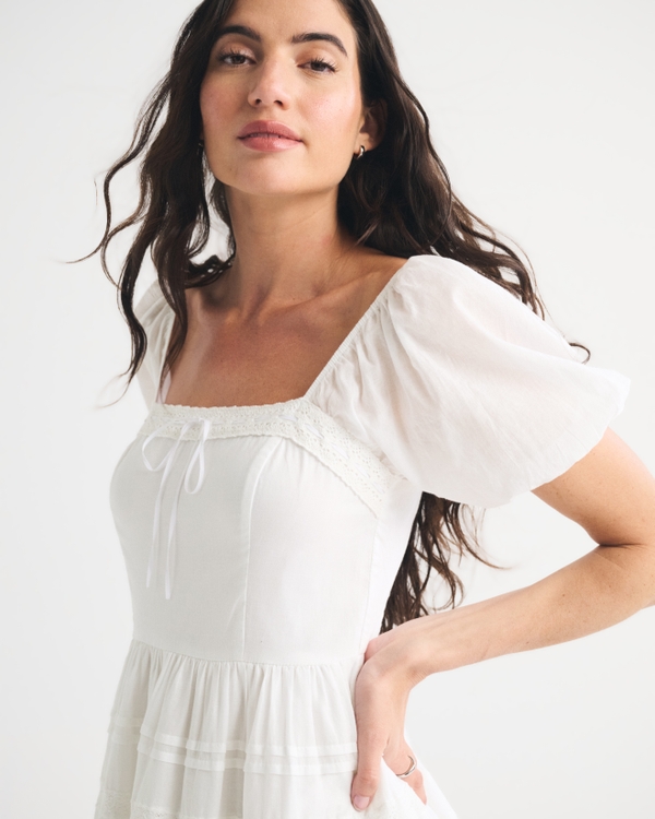 A&F Emerson Puff Sleeve Lace-Trim Midi Dress, White view 2