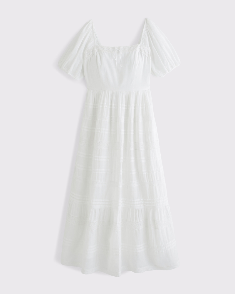 Women's A&F Emerson Puff Sleeve Lace-Trim Midi Dress in White | Size S TALL | Abercrombie & Fitch