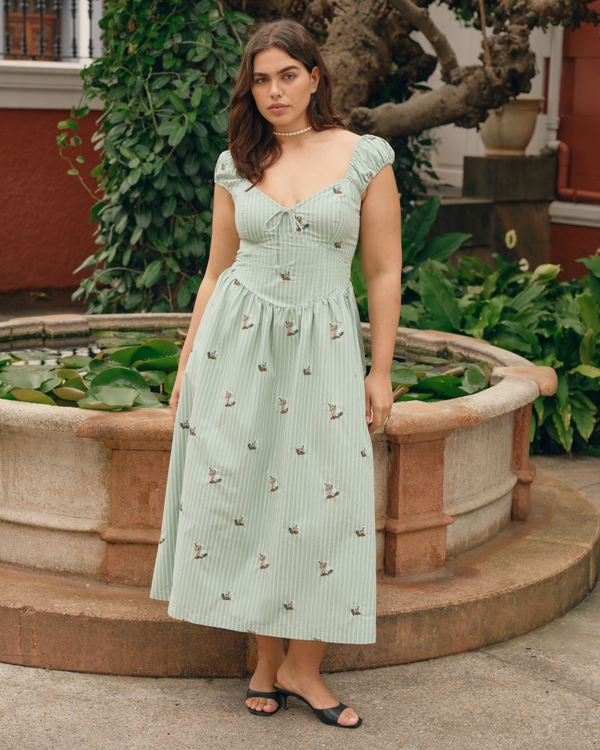 Bra-Free Cap Sleeve Dipped Waist Midi Dress, Green Stripe view 1