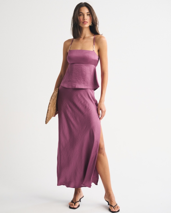 High Rise Satin Maxi Set Skirt, Red Violet view 1