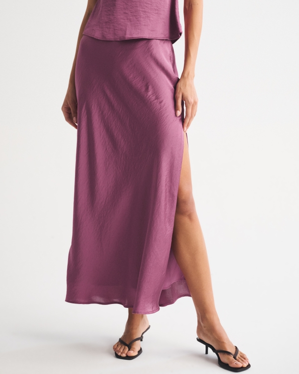 High Rise Satin Maxi Set Skirt, Red Violet view 2