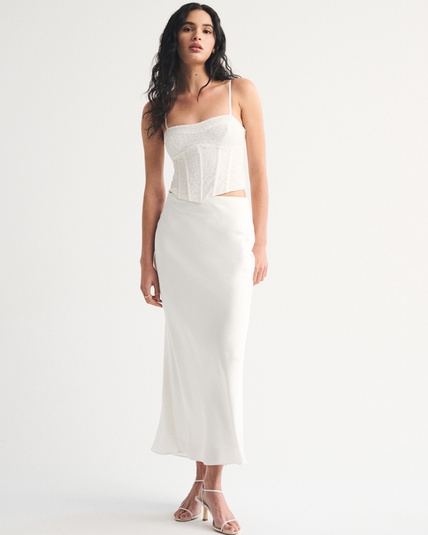 High Rise Satin Maxi Set Skirt, Off-white view 1