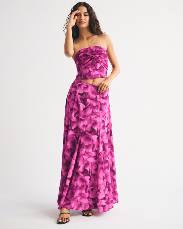 High Rise Flowy Maxi Set Skirt, Pink Floral view 1