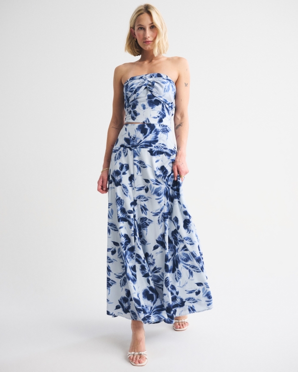 High Rise Flowy Maxi Set Skirt, Blue Floral view 1