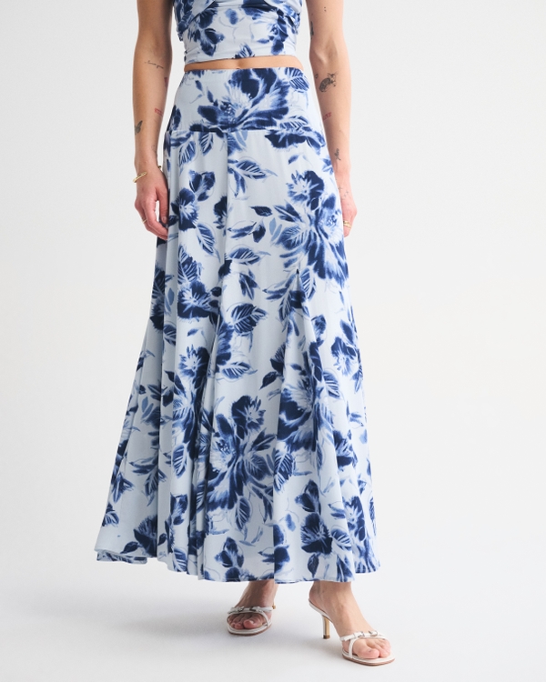 High Rise Flowy Maxi Set Skirt, Blue Floral view 2