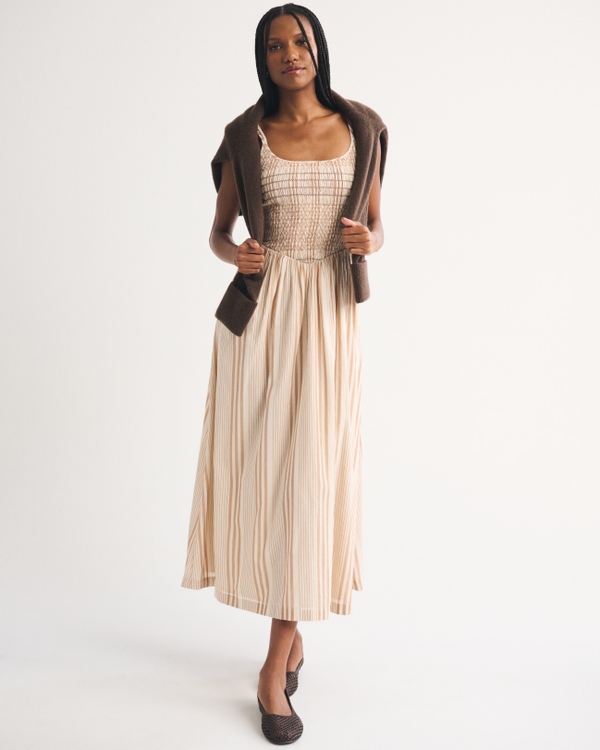 100% Cotton A&F Sydney Smocked Dipped-Waist Maxi Dress, Light Brown Stripe view 1