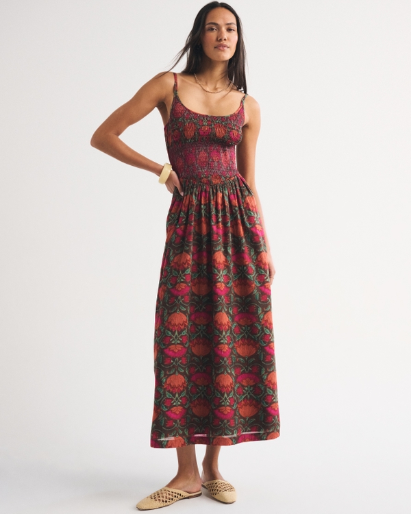 100% Cotton A&F Sydney Smocked Dipped-Waist Midi Dress, Orange Floral view 1