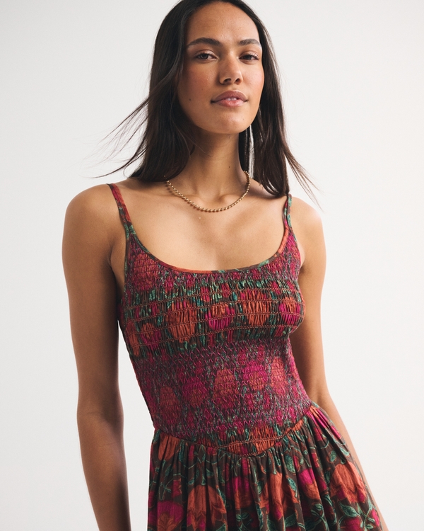 100% Cotton A&F Sydney Smocked Dipped-Waist Midi Dress, Orange Floral view 2