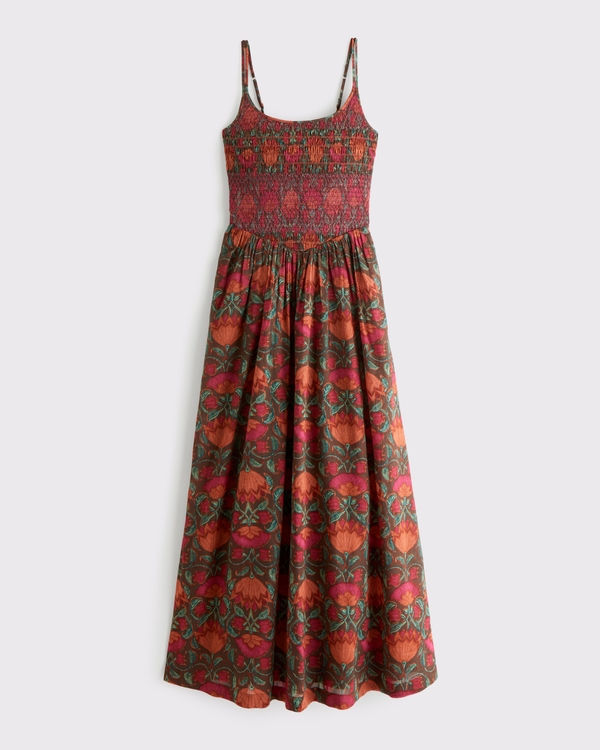abercrombie and fitch long dress Women's 100% Cotton A&F Sydney Smocked Dipped-Waist Maxi Dress in Orange Floral | Size S