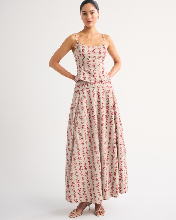 High Rise Flowy Maxi Set Skirt, Brown Floral view 1