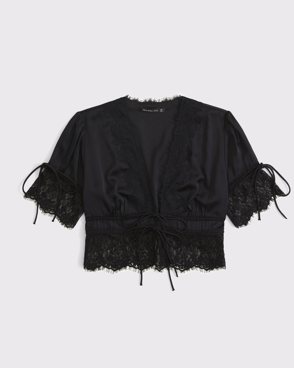 Lace-Trim Set Top, Black view 1