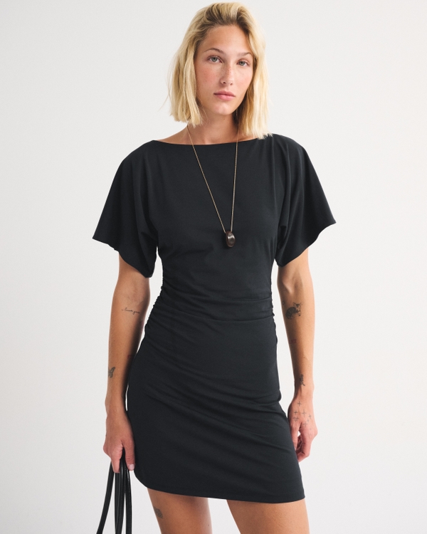 Flutter Sleeve Slash Mini Dress, Black view 2