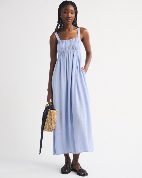 Bra-Free Sweetheart Ruched Flowy Maxi Dress, Light Blue view 1