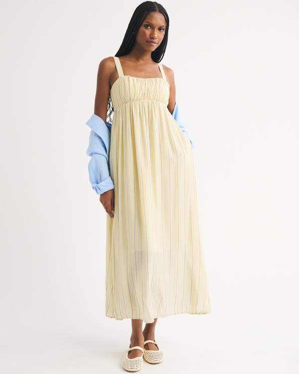 Bra-Free Sweetheart Ruched Flowy Maxi Dress, Creamy Yellow Stripe view 1