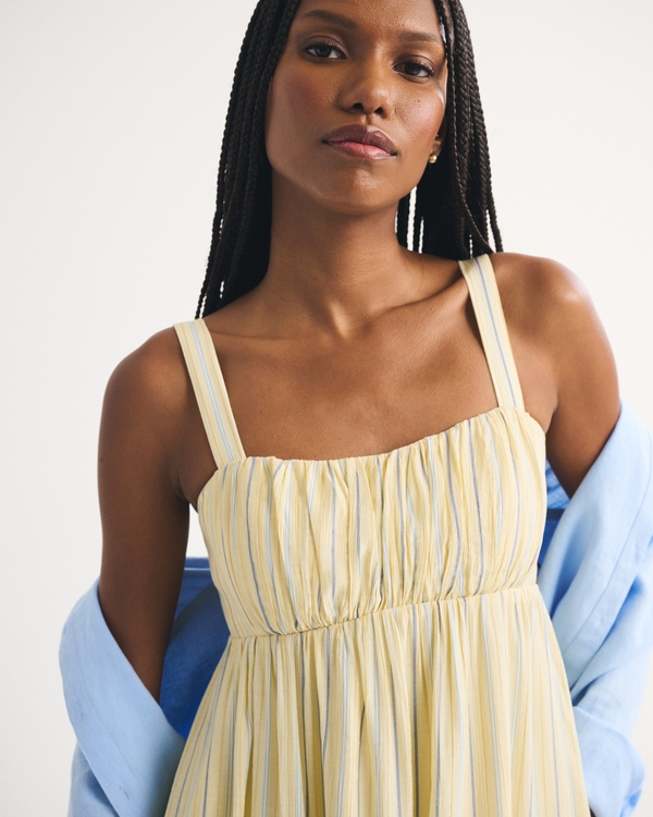 Bra-Free Sweetheart Ruched Flowy Maxi Dress, Creamy Yellow Stripe view 2